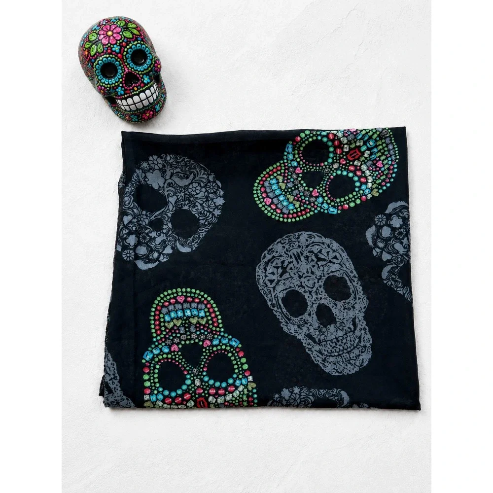 Ganz Day of the Dead Sugar Skull Scarf Black Sheer 46
